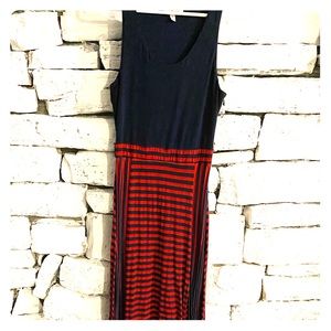 Navy and red striped maxi dress